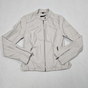 GUESS Faux Leather Moto Jacket Size Large Beige Mandarin Collar Zippers - Picture 1 of 10