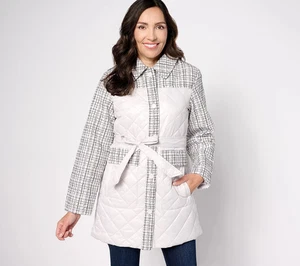 Isaac Mizrahi Live! Cappotto trapuntato con cintura e accenti di tweed panna taglia L A623551 - Foto 1 di 4