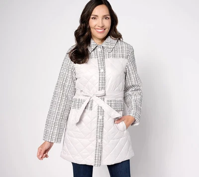 Isaac Mizrahi Live! Abrigo acolchado con cinturón con detalles de tweed crema talla L A623551 Foto 1 de 4