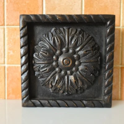 Antique Oriental Hand Carved Wood Panel Floral Medallion Rustic Era 20th Century - Image 1 of 4