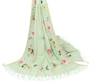 Sushila Vintage Pista Green Dupatta Hand Printed 100%Pure Cotton Silk Long Stole - Picture 1 of 9