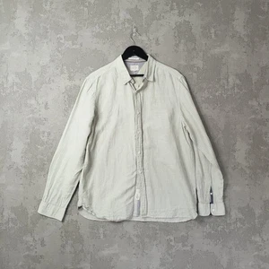White Stuff Linen Shirt Men's Large Green Grey Blend Striped Classic Button-Up - Picture 1 of 9
