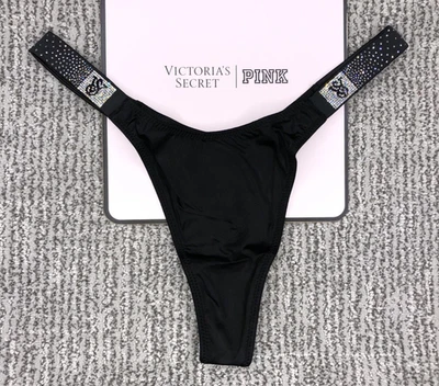Tanga Panty Victoria's Secret Muy Sexy Nuevo con Etiquetas Grande Negro Disperso Brillo Correa Bling Foto 1 de 4