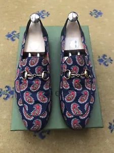 Gucci Loafers Shoes Brixton Horsebit Paisley Print Blue Mens US 8 UK 7.5 EU 41.5 - Picture 1 of 14