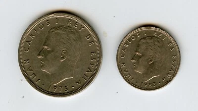 Spain Franco coins (2) 50 PTAS (1975) and 5 PTAS (1983) - fresh - circulated - Image 1 of 2