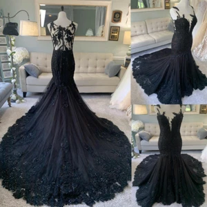 Black Gothic Mermaid Wedding Dresses Sequins Sheer Back Sleeveless With Train - Picture 1 of 10