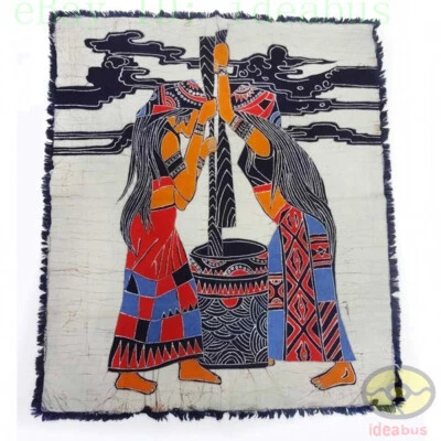Tapiz batik colgante de pared arte popular - mortero arroz de Wa niña minoritaria étnica Foto 1 de 4