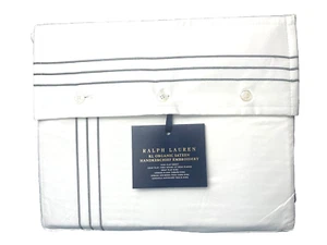 Ralph Lauren Organic Handkerchief Embroidery Flat/Top Sheet White/Grey King $245 - Picture 1 of 10