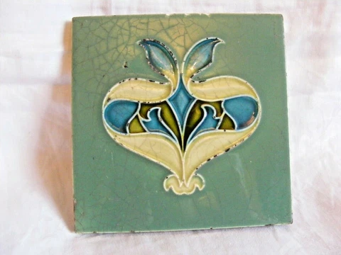 ANTIQUE VICTORIAN ART NOUVEAU RHODES TILE TURQUOISE BACKGROUND 6" X 6" Cover