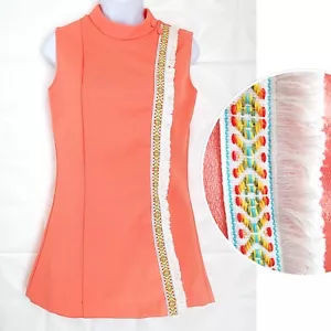 Vestido Micro Mini GoGo Vintage Años 60 Melocotón Naranja Abertura Poli Arco Iris Borde Flecos S - Imagen 1 de 14
