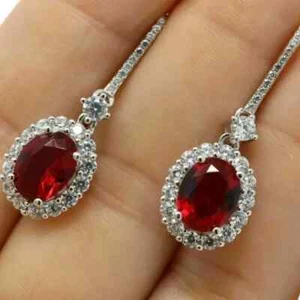 2.50 Ct Oval Cut Simulated Red Ruby Drop & Dangle Earrings 14k White Gold Plated - Picture 1 of 4