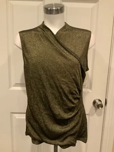 Lauren Ralph Lauren Gold Shimmering V-Neck Pleated Sleeveless Top, Size L, NWT! - Picture 1 of 7