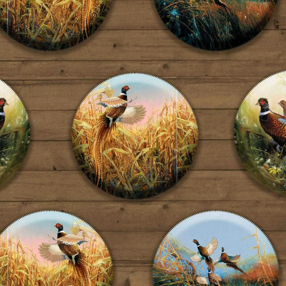 Wild Wings Pheasant Flying High Badges Brown 100% Cotton Fabric by The Yard - Image 1 of 1
