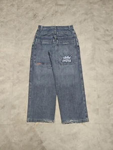Vintage Y2K JNCO Tribal Blue Crown Embroidered Jeans Size 33x32 - Picture 1 of 6