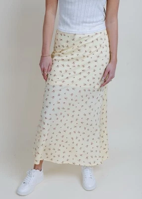 Falda midi larga de satén de seda crema estampada floral con cordones Elowen de Doen para mujer talla S Foto 1 de 4