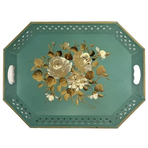 "Bandeja floral de metal pintada a mano Tole Nashco New York de colección 20"" verde crema dorada" - Imagen 1 de 8