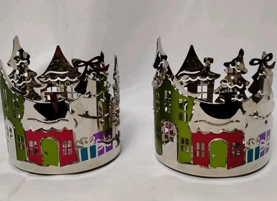Lot of 2 Bath & Body Works Christmas 3 Wick Candle Sleeves Colorful Village Rare - Image 1 of 4