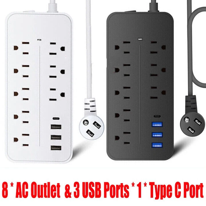 KWENTERPRISE US Power Strip Surge Protector 8 AC Outlets 3 USB Ports + Type C Port 4 FT Cable