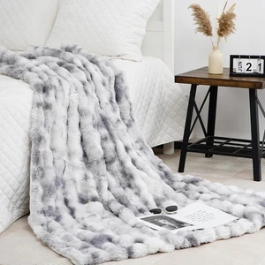 Geraffte Kunst Kaninchenfell Überwurf Decke Luxus Weich Warm Kuschelig Plüsch 50"x60" Grau - Bild 1 von 11