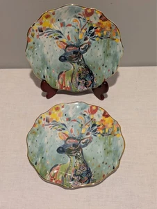Anthropologie Starla Halfmann 8 1/4” Deer Rampart Multicolored Salad Plates (2) - Picture 1 of 10