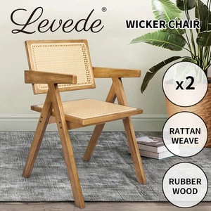 Levede 2x Dining Chair Solid Wood Rattan Armchair Wicker Accent Lounge Chairs - Picture 1 of 10