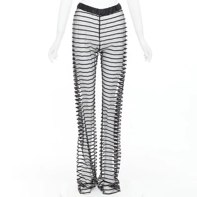 DRIES VAN Noten 黑色绒网条纹半透明直筒裤 FR34 XS — 第 1/4 张图片