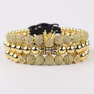 Luxury Men's Micro Pave CZ Ball Crown Braided Adjustable Bracelets Charm Jewelry - Picture 1 of 36