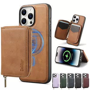 For iPhone 13 14 15 16e 16 Pro Max Magnetic Leather Case with Zipper Card Holder - Picture 1 of 12