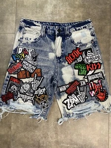 Patch Shorts Youth Sz 14 Y2k Punk, AC/DC, Metálica, Slayer, Guns & Roses - Picture 1 of 12