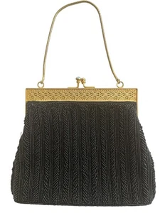Vintage Black Beaded Evening Purse Bag 8”X 6”With Goldtone Chain / Closure - Picture 1 of 7