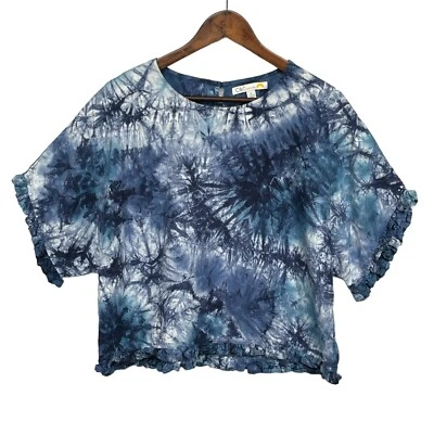 Top Corto C&C Mujer Talla L Azul Lino Tie Dye Volantes Cuadrado Manga Dolman Foto 1 de 4
