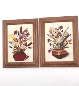 Completed Embroidered Picture Framed Set of 2 Dried Flower Still Life 8.5 x 6.5" - Picture 1 of 7