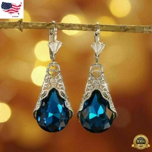 Orecchini Pendenti A Goccia Argento 925 Zirconi Blu Goccia Donna Moda Gioielli Matrimonio - Foto 1 di 3