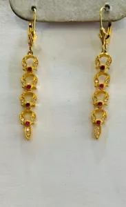 14k Solid Yellow Gold Dangle Leverback Earrings Natural Ruby Round White Stone - Picture 1 of 8