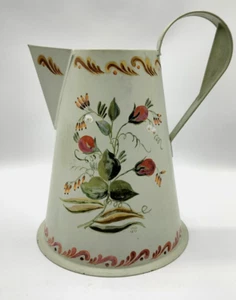 Vintage Large Toleware Hand Painted Folk Art Soft Green Tin Metal Pitcher Signed - Picture 1 of 15