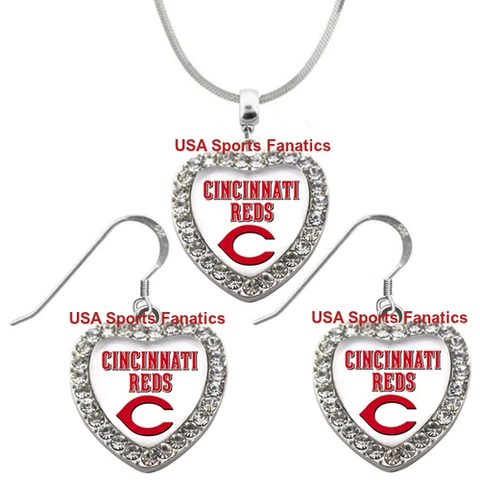 Cincinnati Reds 925 Necklace or Earrings or Set Team Heart With Rhinestones Cover