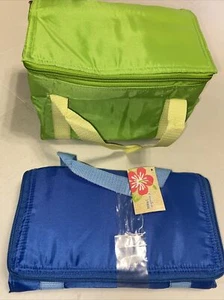 Lote de 2 enfriadores de bolsa de almuerzo aislados con correa verde azul 10x6 pulgadas plegables - Imagen 1 de 6