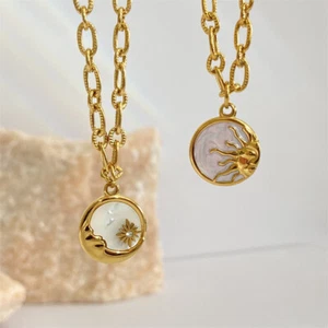 Collar colgante vintage con carcasa de sol y luna para mujer cadena de acero inoxidable regalo - Imagen 1 de 14