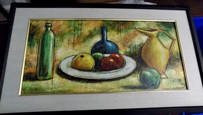 Vtg VAN OOTEN Original 1950s MCM Still Life Vivid Oil Painting Frame Fabric mat Foto 1 de 4