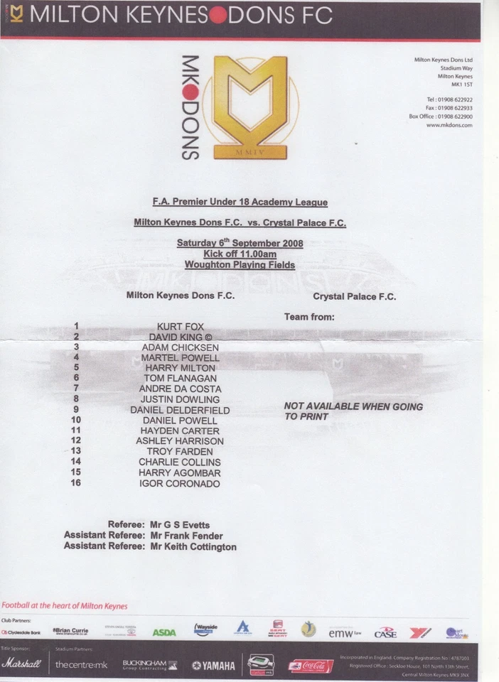 Youth Milton Keynes Dons v Crystal Palace FA Prem Academy League U18 6.9.2008 - Image 1 of 1