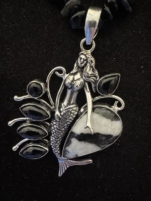 Mermaid Black Onyx & Buffalo Turquoise 925Pendant W Black Rock 18” Adj. Necklace - Image 1 of 4