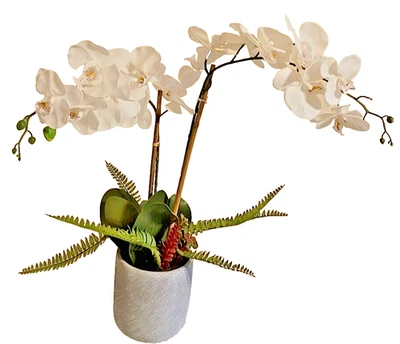 White Faux Orchid In Ridged Ceramic Pot 20" Tall - Image 1 of 4