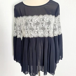 Cato Black Sheer Pleated Top with White Lace & Bell Sleeves, Size Medium - Picture 1 of 10