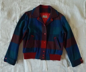 Vtg Pendleton M Lined Bomber Jacket Womens Blue Green Red 100% Wool Snap Closure - Picture 1 of 24