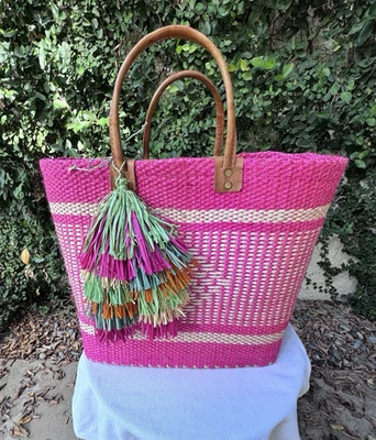 MAR Y SOL Ibiza Tassel Handmade Tote Pink/ Raffia & Leather Straps Beach Bag EUC - Image 1 of 4