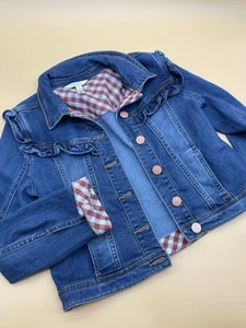 MATILDA JANE Girls Collins Cropped Denim Ruffle Jean Jacket Red Gingham Sz 14 - Picture 1 of 7