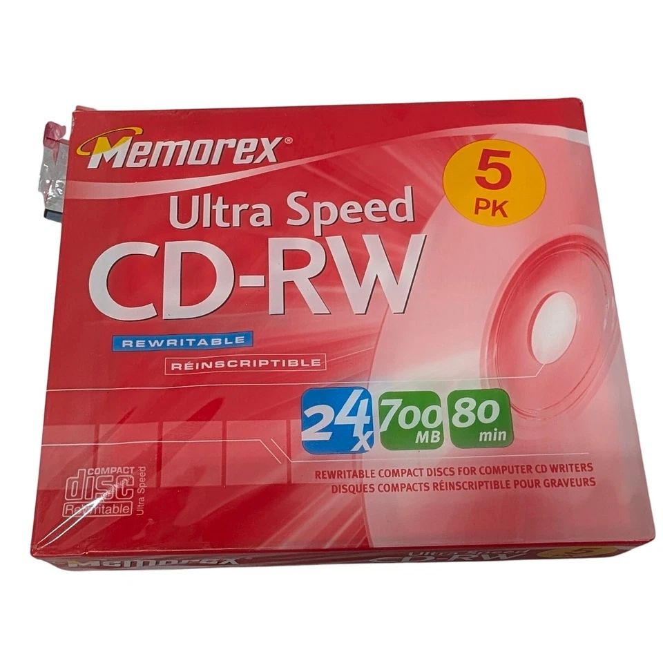 Memorex Ultra Speed CD-RW 5 Pack 24x 700MB 80 min Rewritable NEW — 第 1/4 张图片