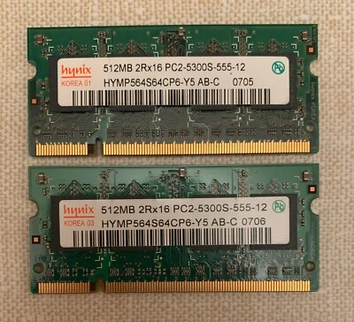 2X 512MB (1GB) Hynix PC2-5300S (DDR2-667) laptop RAM  HYMP564S64CP6-Y5  - TESTED - Image 1 of 2