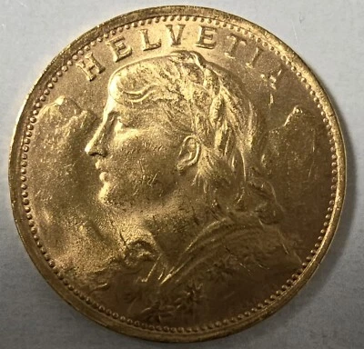 Moneda de oro de 20 francos Suiza 1935 B Helvetia (0,1867 oz AGW) en cápsula Foto 1 de 4