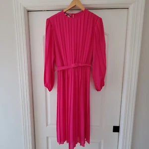Vintage Monica Richards Pleated Chiffon Blouson Midi Dress Hot Pink Sz 8 Small - Picture 1 of 12